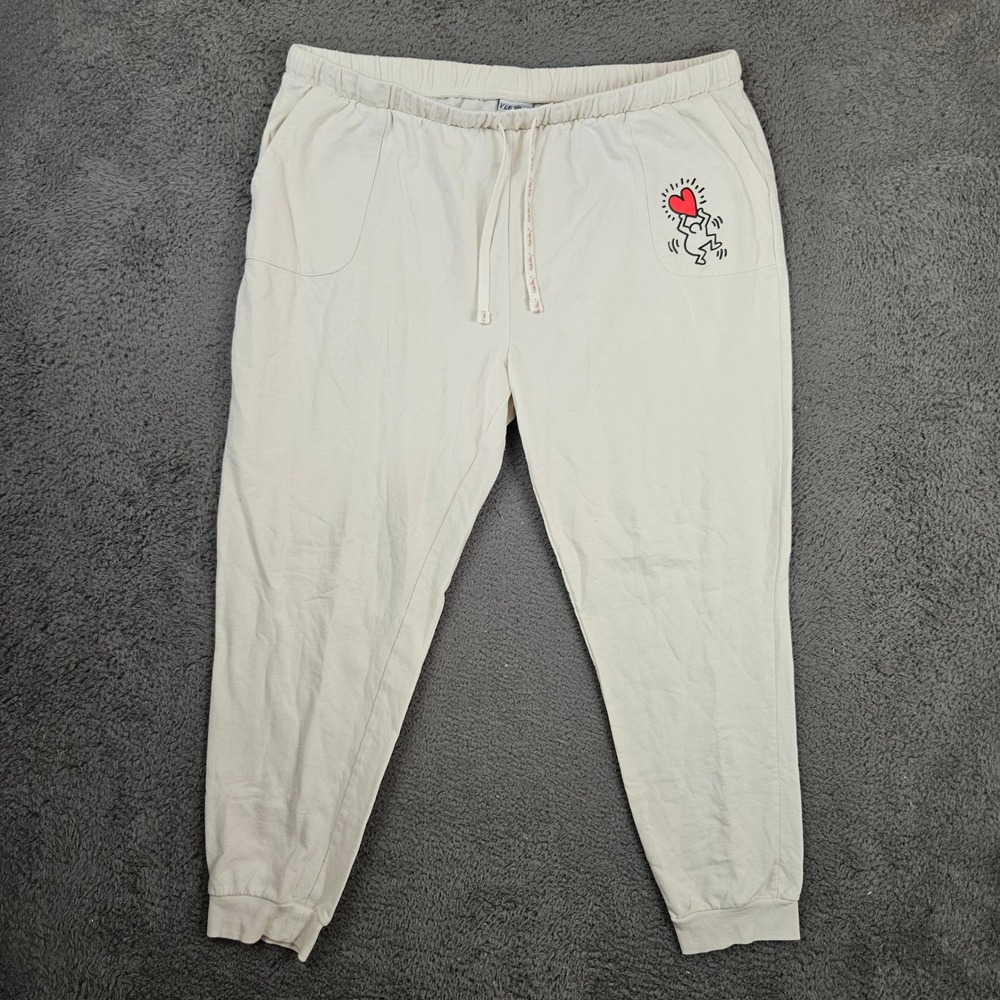 Keith Haring Mens XXL Cream Graphic Heart Pop Art Jogger Sweatpants